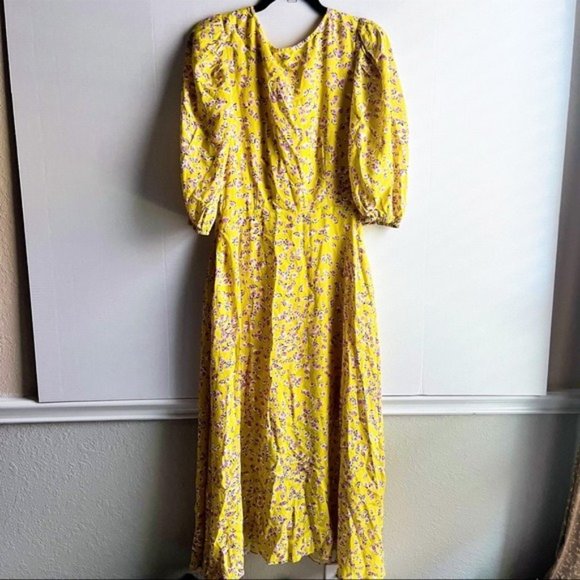 NICHOLAS Yellow Floral A-Line Midi Dress V Neck Puff Sleeve Tea Length US 0 New - Picture 4 of 10